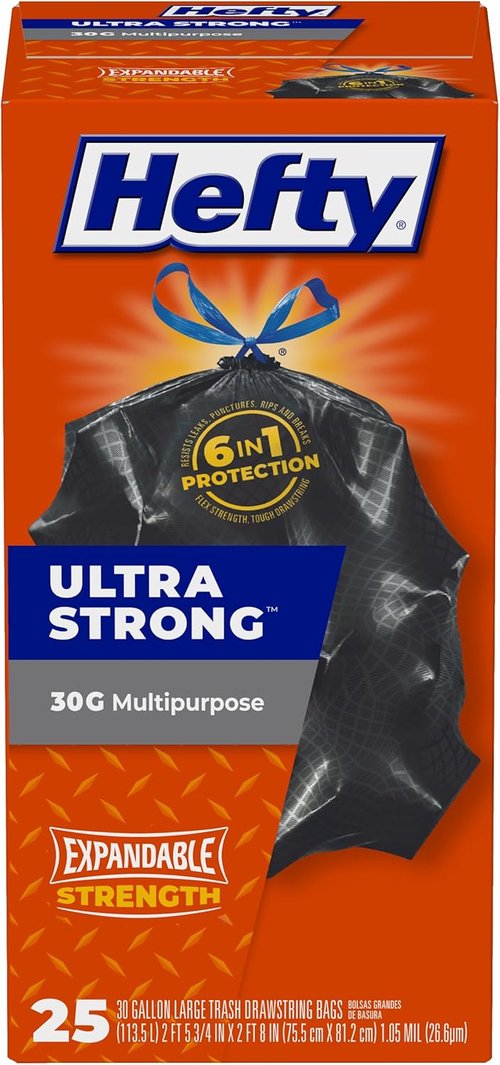 Hefty Ultra Strong Trash Bags - 30 Gallon, Unscented, Black - 25 Count for Heavy-Duty Use