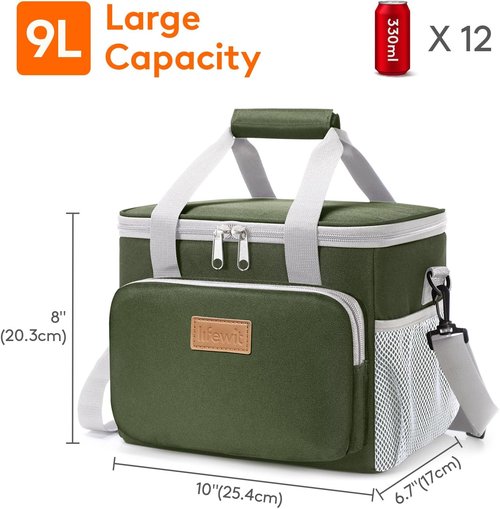 Lifewit Insulated Lunch Bag - Soft Cooler Tote for Adults | Gray & Green, 12-Can Capacity (9L)