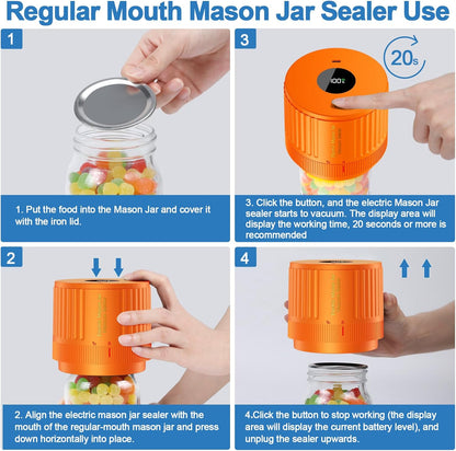 Skiennix Electric Mason Jar Vacuum Sealer Kit - Ideal for Wide & Regular Mouth Jars | Orange