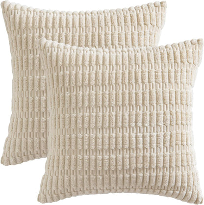 MIULEE Corduroy Throw Pillow Covers - Soft Boho Striped Design | 12x12 Inch Cream White Decor for Sofa & Couch