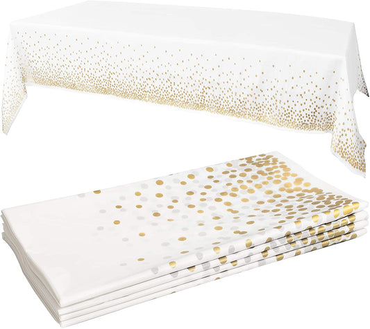 Prestee White/Gold Tablecloths, 4pk, 54"x108" - Gold Dot Disposable Tablecloths - Plastic Table Cloth Disposable - White Tablecloths - Party, Wedding, Baptism Decorations, Engagement Party Decorations