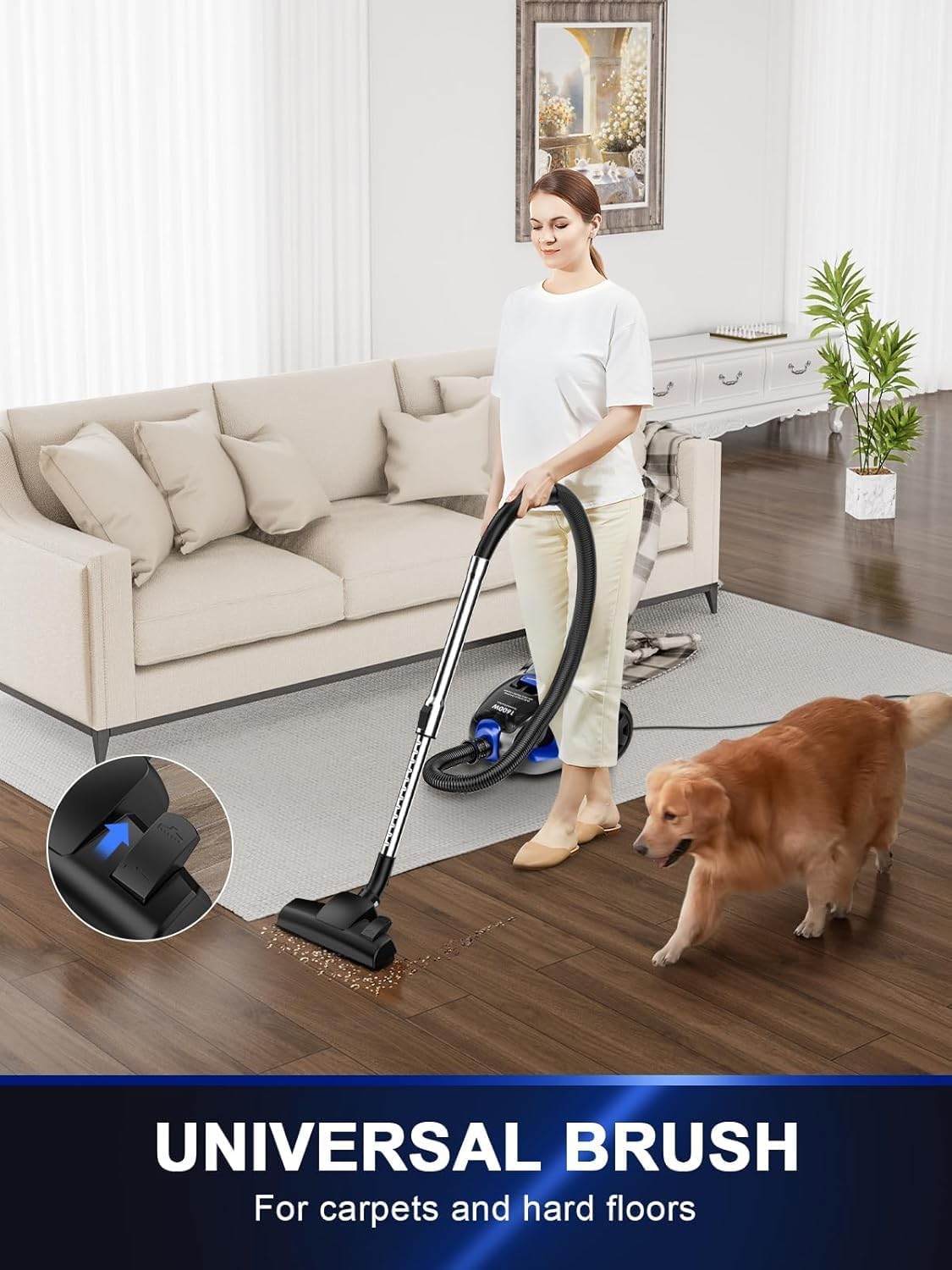 Regine Switzerland Canister Vacuum Cleaner - 40Kpa 1600W Cyclone Power, Lightweight & Bagless for Home | 3.7QT Dust Cup, Blue