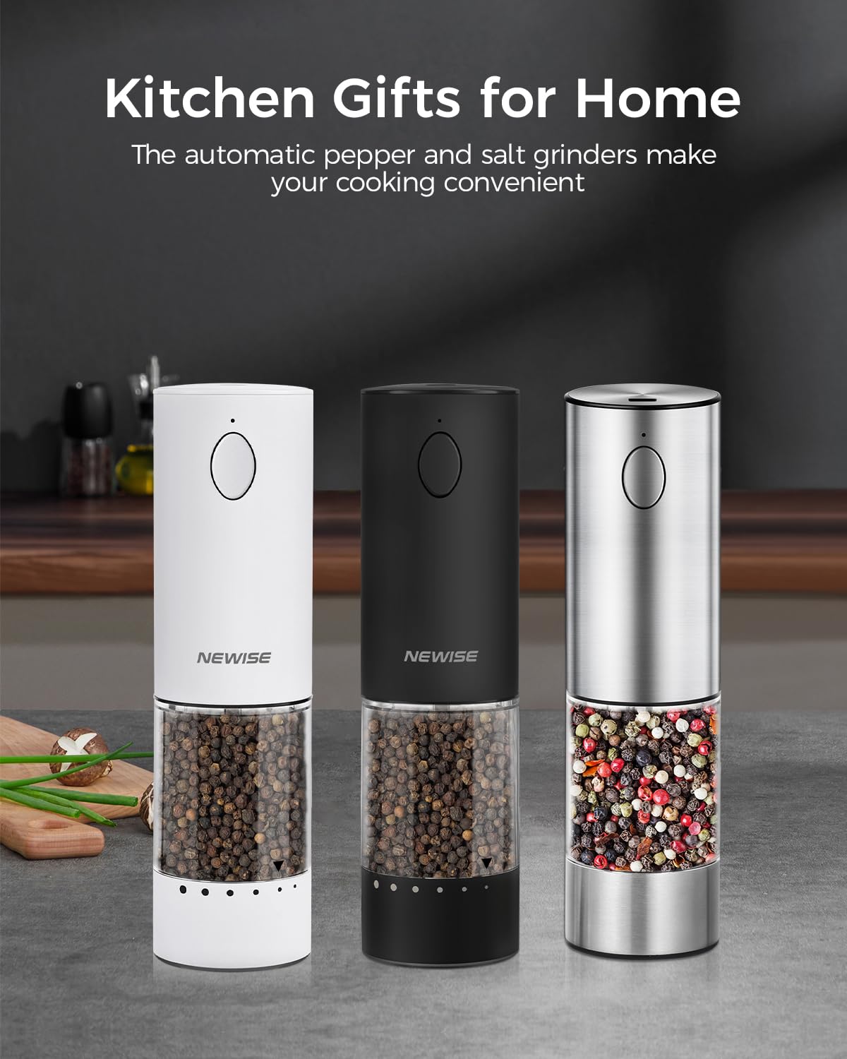 Newise Electric Salt and Pepper Grinder Set Rechargeable with Light, Automatic & Adjustable Coarseness, Kitchen Gadgets, Housewarming Gifts for New Home, 2 Pack, White