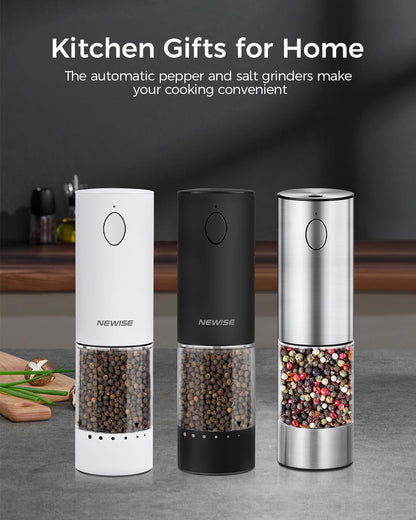 Newise Electric Salt and Pepper Grinder Set Rechargeable with Light, Automatic & Adjustable Coarseness, Kitchen Gadgets, Housewarming Gifts for New Home, 2 Pack, White