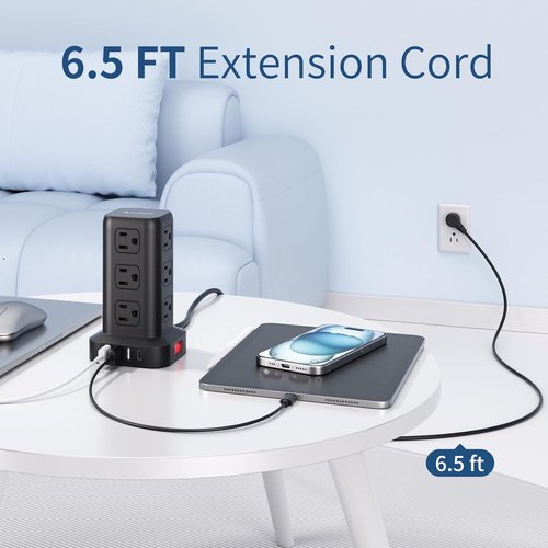 AnnTane Surge Protector Power Strip - 6.5 FT Cord with 4 USB Ports & 12 AC Outlets | Ideal for Home & Office