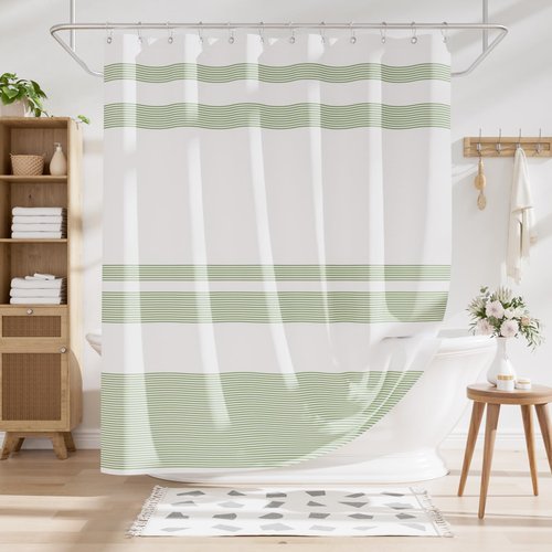 AmazerBath Shower Curtain, Washable Cloth Sage Green with 12 Shower Curtain Hooks, Fabric Green and White Striped Set, Farmhouse Bathroom Shower Curtain, 72x72 Inches