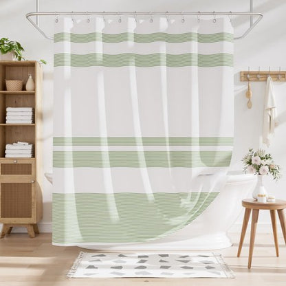 AmazerBath Shower Curtain, Washable Cloth Sage Green with 12 Shower Curtain Hooks, Fabric Green and White Striped Set, Farmhouse Bathroom Shower Curtain, 72x72 Inches