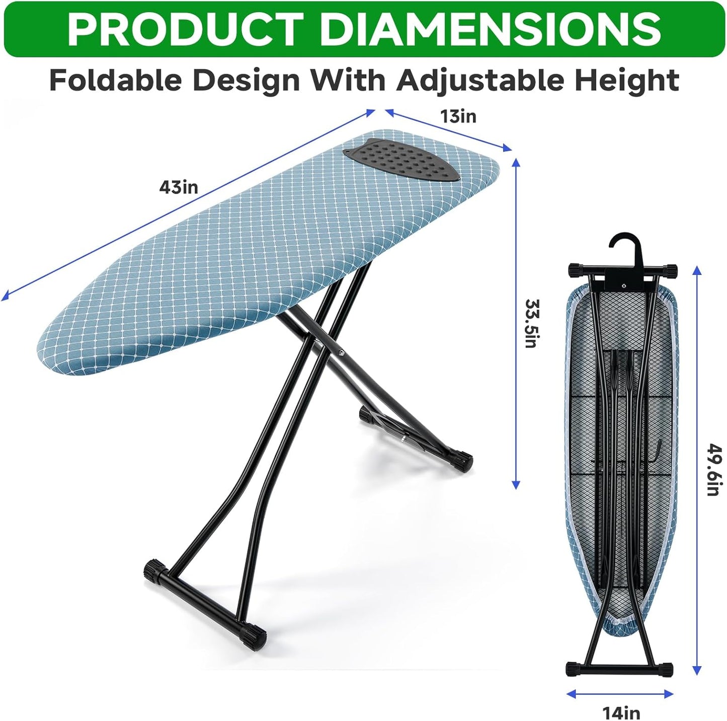 BKTD Compact Ironing Board - Adjustable Height, Heat Resistant Surface | Space-Saving 13 x 43 in Diagonal Checkered Blue