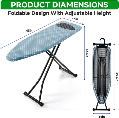 BKTD Compact Ironing Board - Adjustable Height, Heat Resistant Surface | Space-Saving 13 x 43 in Diagonal Checkered Blue