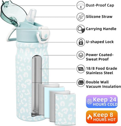 BJPKPK Insulated Water Bottle - 18oz Stainless Steel Thermal Flask with Straw & Carry Handle | Light Blue Leopard