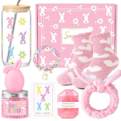 Frerdui Easter Gifts for Women & Teens, Prefilled Easter Basket Stuffers Essentials for Adults & Teen Girls with Bunny Glass Cup, Scented Candle, Socks & Bracelets