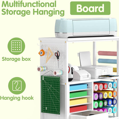 Skiennix Craft Storage Cart - Mobile Table with Vinyl Roll Holder & Drawers | Ideal for Studios & Offices