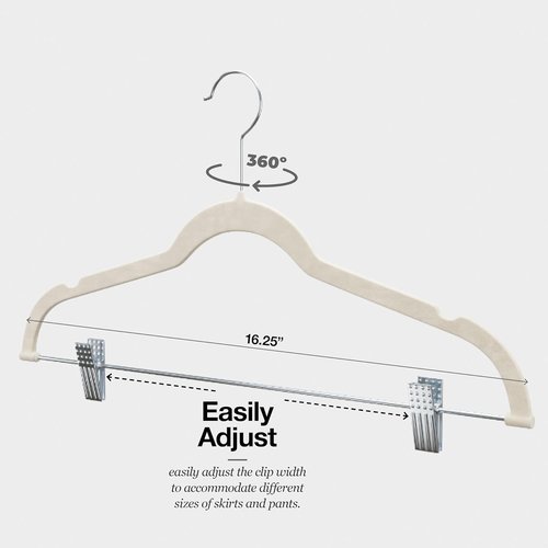 Home-it Velvet Hangers with Clips - 10 Pack Ivory Space-Saving No Slip Hangers for Pants, Skirts & Dresses