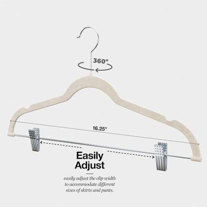 Home-it Velvet Hangers with Clips - 10 Pack Ivory Space-Saving No Slip Hangers for Pants, Skirts & Dresses