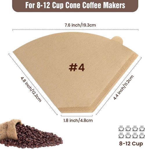 Clinuse Unbleached #4 Cone Coffee Filters - 200 Pcs Natural Paper for 8-12 Cup Drip Coffee Makers