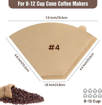 Clinuse Unbleached #4 Cone Coffee Filters - 200 Pcs Natural Paper for 8-12 Cup Drip Coffee Makers
