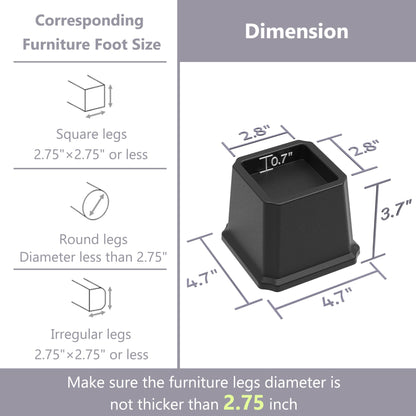 Napnapday Bed Risers 3 Inch Heavy Duty Bed Furniture Elevators, 1,500 lbs Lifts Up Riser for Sofa and Table Set of 4, Black