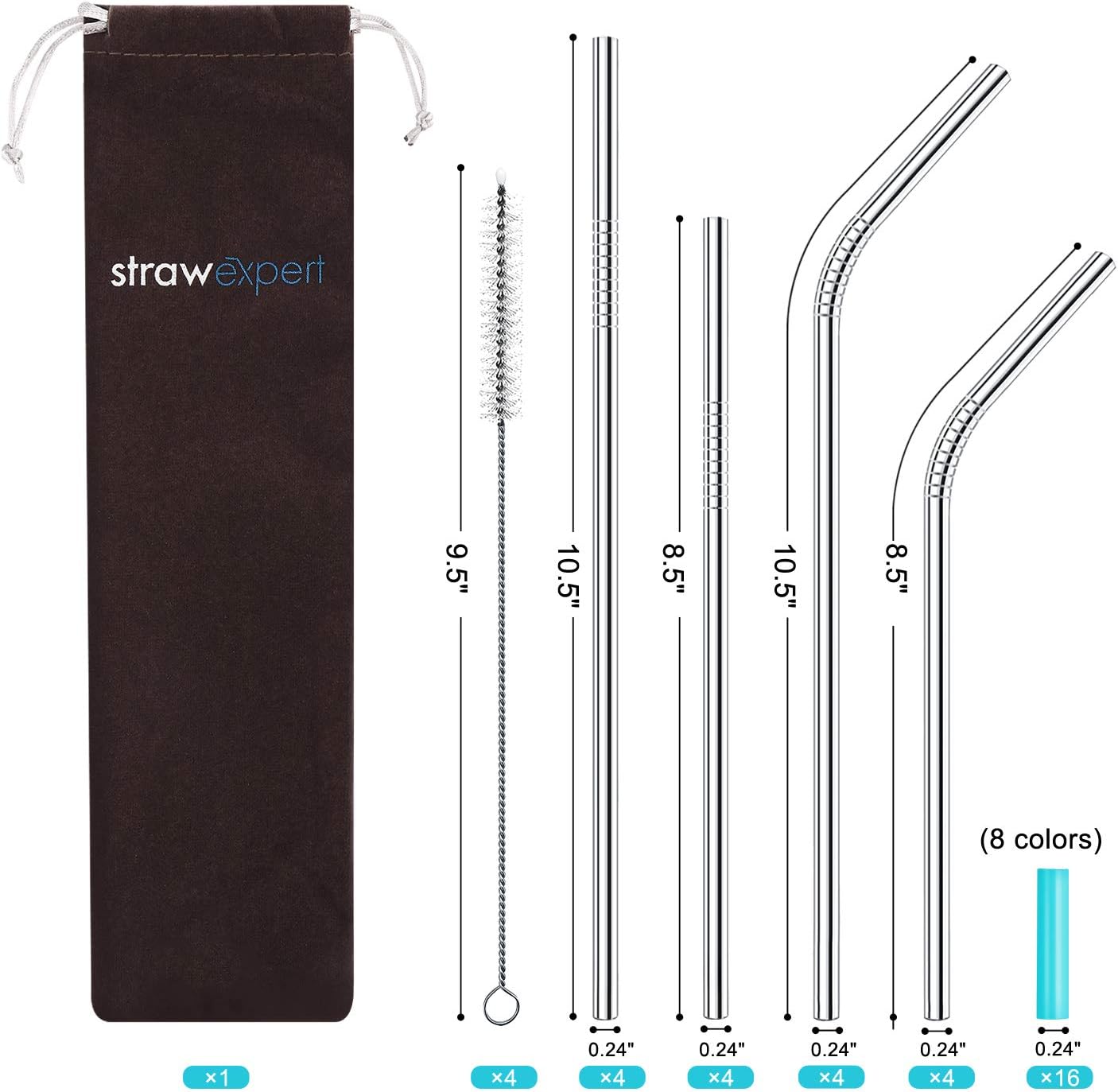 Skiennix Reusable Stainless Steel Straws - Eco-Friendly Extra Long Set of 16 with Travel Case & Cleaning Brush