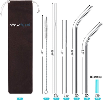Skiennix Reusable Stainless Steel Straws - Eco-Friendly Extra Long Set of 16 with Travel Case & Cleaning Brush
