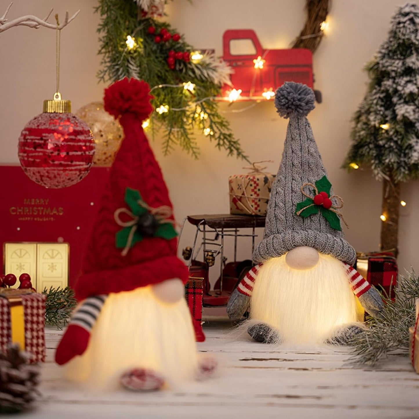 Skiennix Lighted Christmas Gnome Ornaments - 2 Pack LED Battery Operated Decor (Red & Grey)