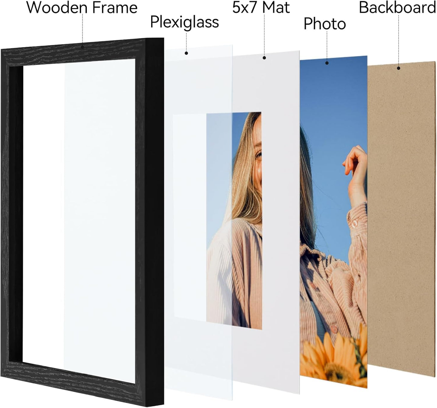 Vittanly 8x10 Picture Frame Set of 4 - Display 5x7 or 8x10 Photos | Shatter-Resistant Plexiglass, Black