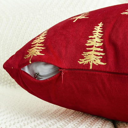 Christmas Red Velvet Throw Pillow Covers 18x18 in - Gold Foil Tree Design, Set of 2