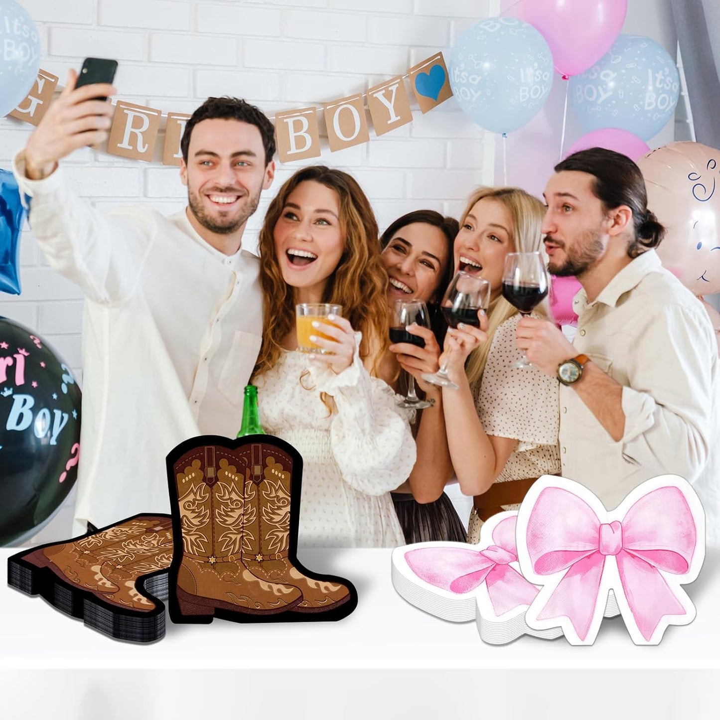 Skiennix 100Pcs Gender Reveal Napkins - Pink Boot & Bow Design for Baby Showers & Parties