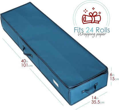Hearth & Harbor Wrapping Paper Storage Container - Tear-Proof Gift Wrap Organizer for 22 Rolls - Blue