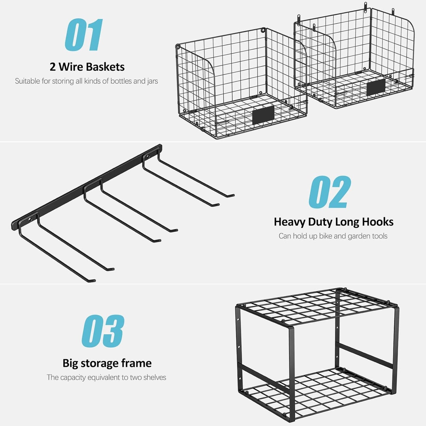 ThreeHio Garage Shelf - Heavy Duty Wall Mounted Storage with Wire Baskets & Tool Rack | Organizer for Home & Garden