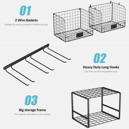 ThreeHio Garage Shelf - Heavy Duty Wall Mounted Storage with Wire Baskets & Tool Rack | Organizer for Home & Garden