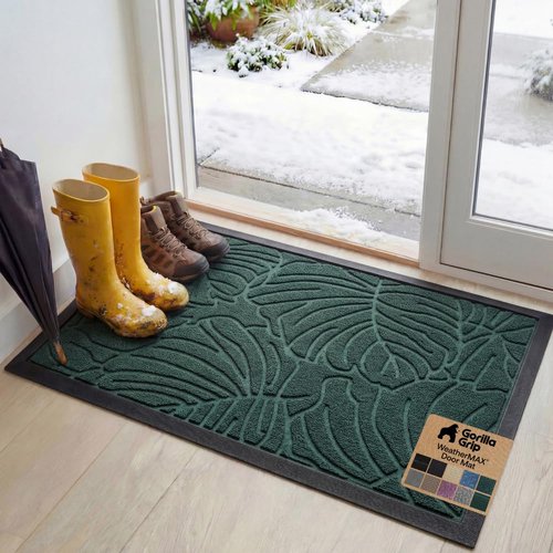 GORILLA GRIP 100% Waterproof All-Season WeatherMAX Doormat, 47x35, US Designed Natural Rubber, Stain and Fade Resistant, Low Profile Indoor Outdoor Door Mats, Easy Clean Patio Mat, Green Palm