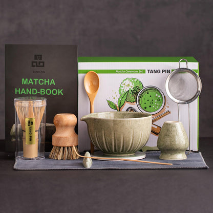 TANG PIN Matcha Whisk Set, 15 OZ Matcha Bowl, Matcha Whisk and Stand, Scoop, Spoon, Sifter, Coaster, Cleaning Brush and Tea Towel, 10 Pcs Perfect Matcha Kit for Matcha Tea Ceremony