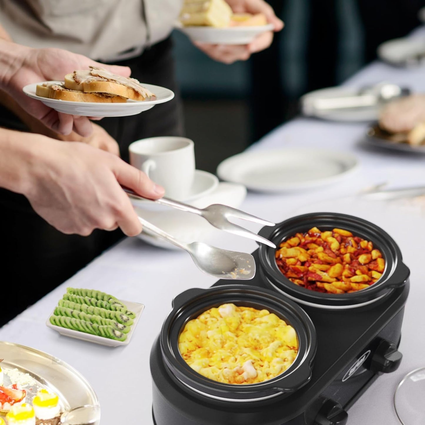 Sunvivi Double Slow Cooker - Dual Pot Mini Crock Buffet Server with Adjustable Temp | 2 x 1.25 Quarts Black