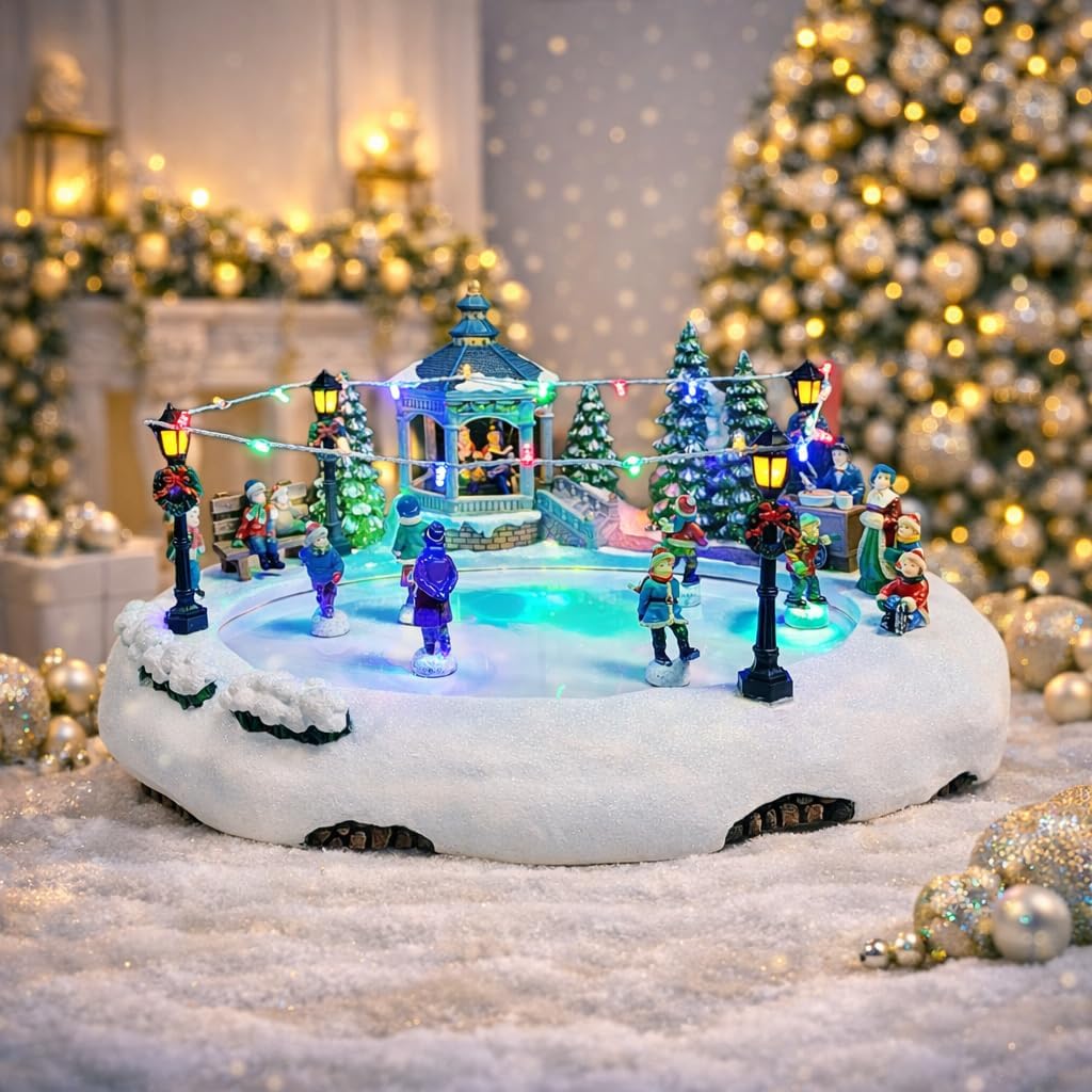 Moments In Time Animated Skating Pond | 7.28” LED Christmas Village Display with Moving Skaters & Music