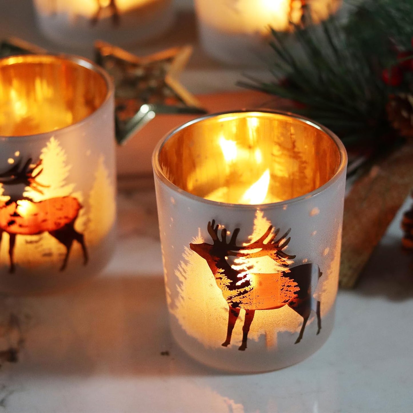 SHMILMH Christmas Votive Candle Holders - Set of 4 Gold & Silver Glass Tealight Holders for Festive Table Decor