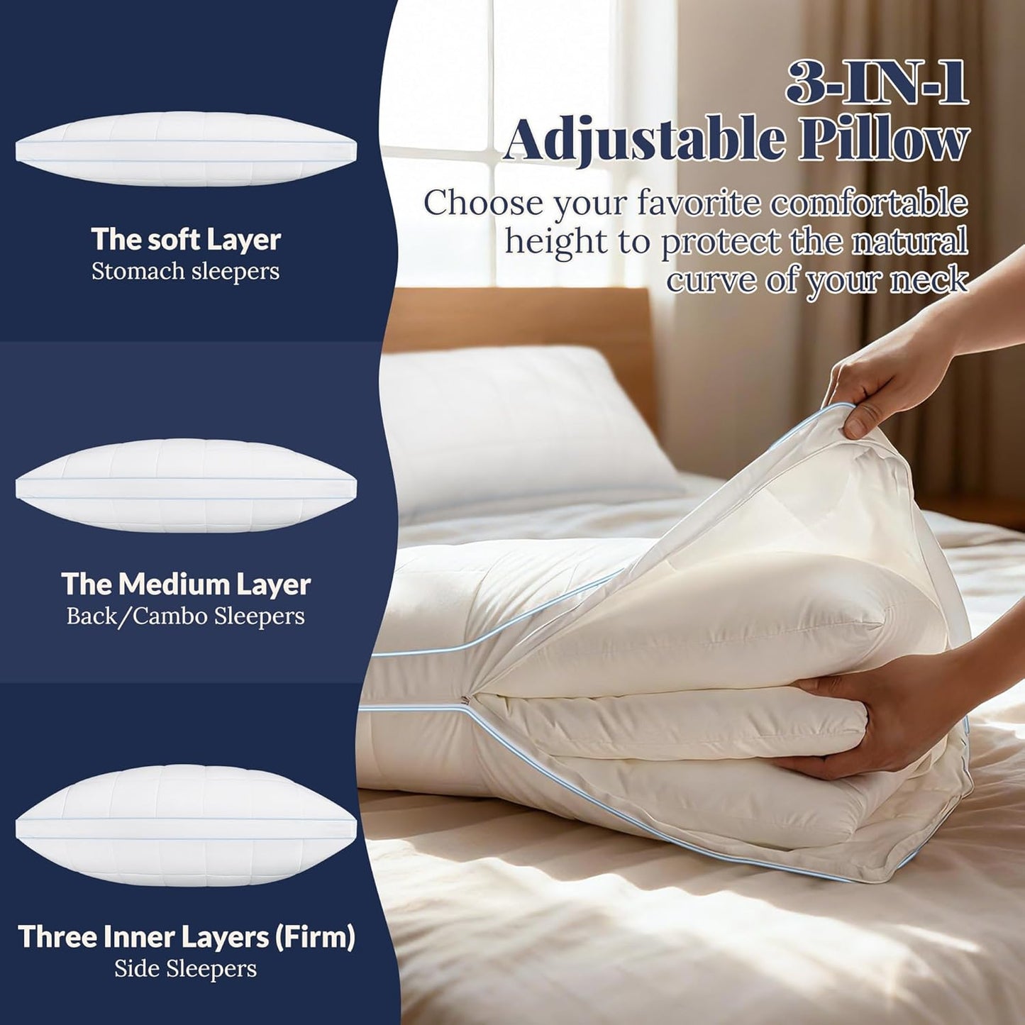 Skiennix Adjustable Bed Pillow - Queen Size Hotel Pillow with 3 Removable Inserts for All Sleep Positions