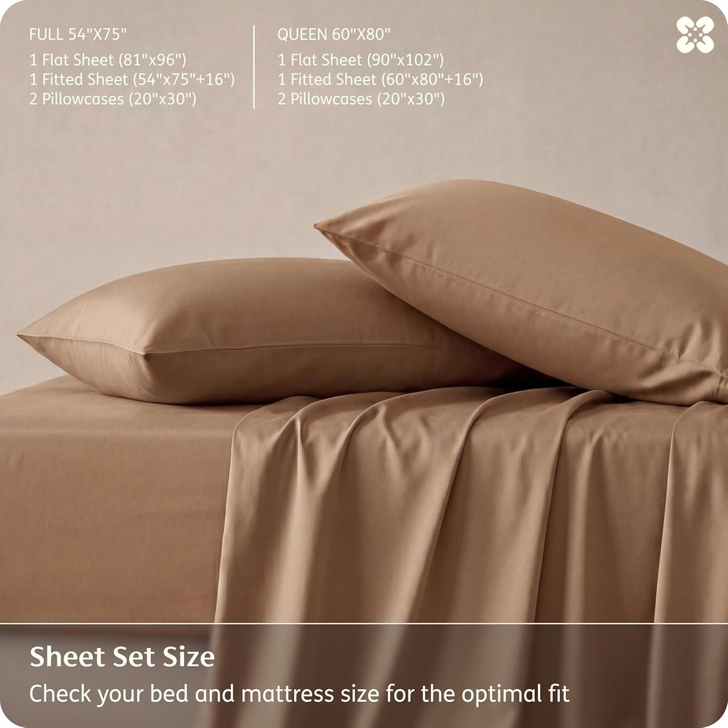 Bedsure Queen Sheet Set - Cooling Bamboo Rayon Sheets | Breathable & Soft, Deep Pocket Up to 16 Inches, Khaki