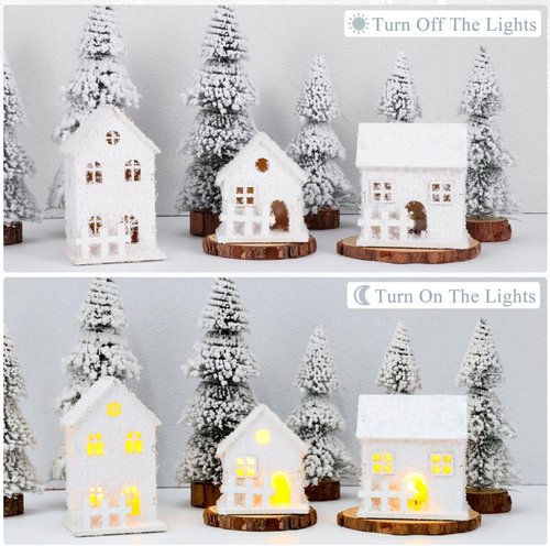 Garneck Christmas Village Set - 3Pcs LED Glowing Houses with Snowflakes | Winter Desktop Ornament