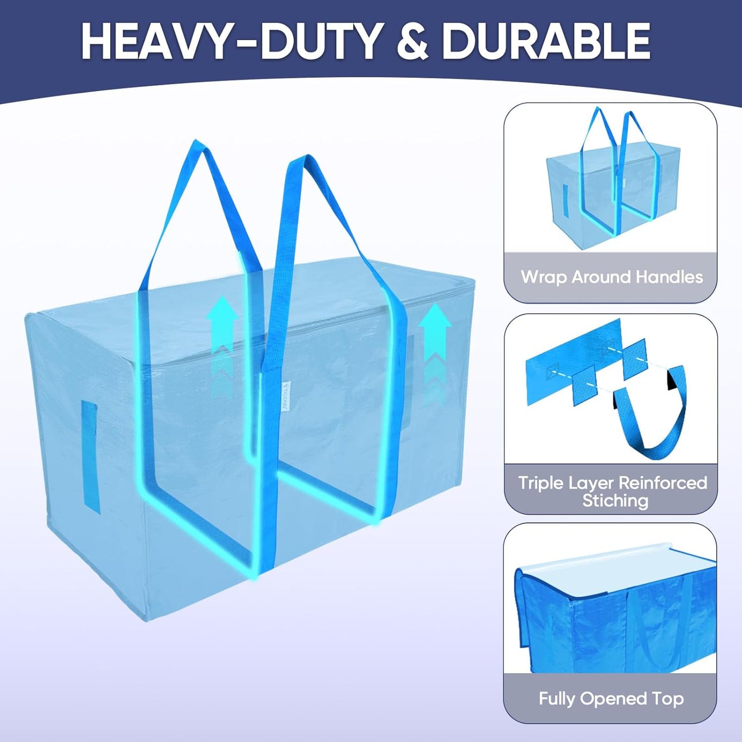 TICONN Extra Large Heavy-Duty Moving Bags - Durable Storage with Zippers & Handles | 2 Pack, Sky Blue
