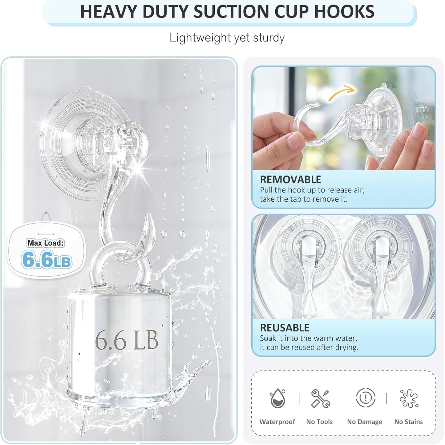 VIS'V Suction Cup Hooks - Heavy Duty Removable Shower Hooks | Clear, 2 Pcs with Wipes