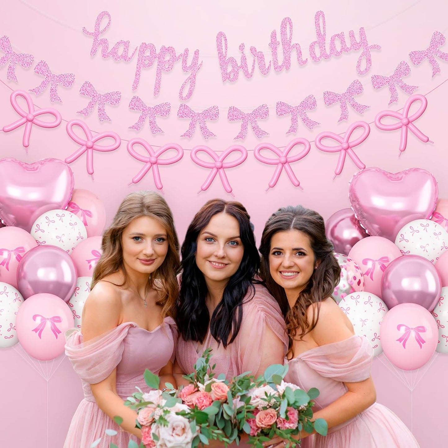 Skiennix Pink Bow Birthday Decorations - Coquette Party Set with Happy Birthday Banner & Heart Foil Balloons