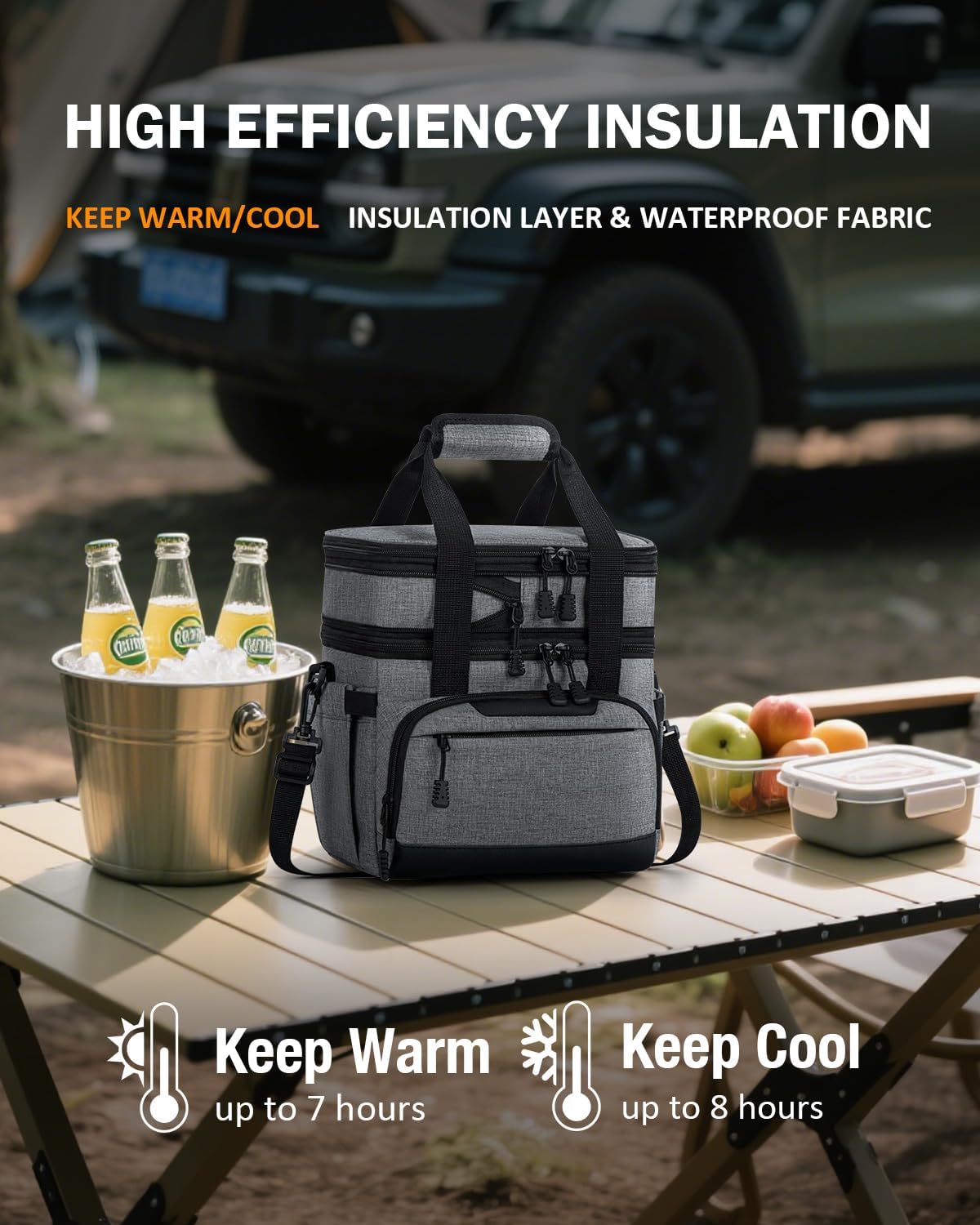Skiennix Insulated Lunch Box - Dual-Compartment Cooler Bag for Adults | Expandable & Leakproof, Grey 24-Can (14L)