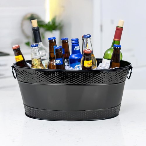 BREKX Colt Black Galvanized Beverage Tub with Handles, 16-Bottle Metal Bucket Ice Cooler to Chill Drinks, Oval Metal Basket for Drinks or Storage Bin - 15 Quarts (4 Gallon)