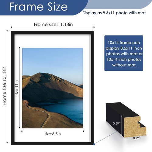 PEALSN 10x14 Picture Frame Set of 6, Display Pictures 8.5 x 11 with Mat or 10 x 14 without Mat for Wall Mounting Display, Photo Frames Collage for Wall Decor, Black.