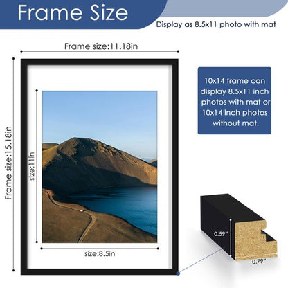 PEALSN 10x14 Picture Frame Set of 6, Display Pictures 8.5 x 11 with Mat or 10 x 14 without Mat for Wall Mounting Display, Photo Frames Collage for Wall Decor, Black.