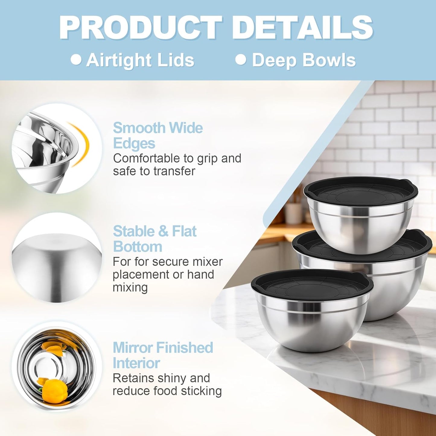 TeamFar Stainless Steel Mixing Bowls Set - Airtight Lids for Serving, Mixing & Storing | 4.6 QT, 3 QT, 1.5 QT, Black