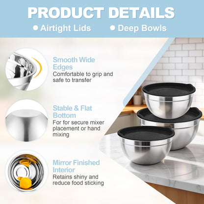 TeamFar Stainless Steel Mixing Bowls Set - Airtight Lids for Serving, Mixing & Storing | 4.6 QT, 3 QT, 1.5 QT, Black