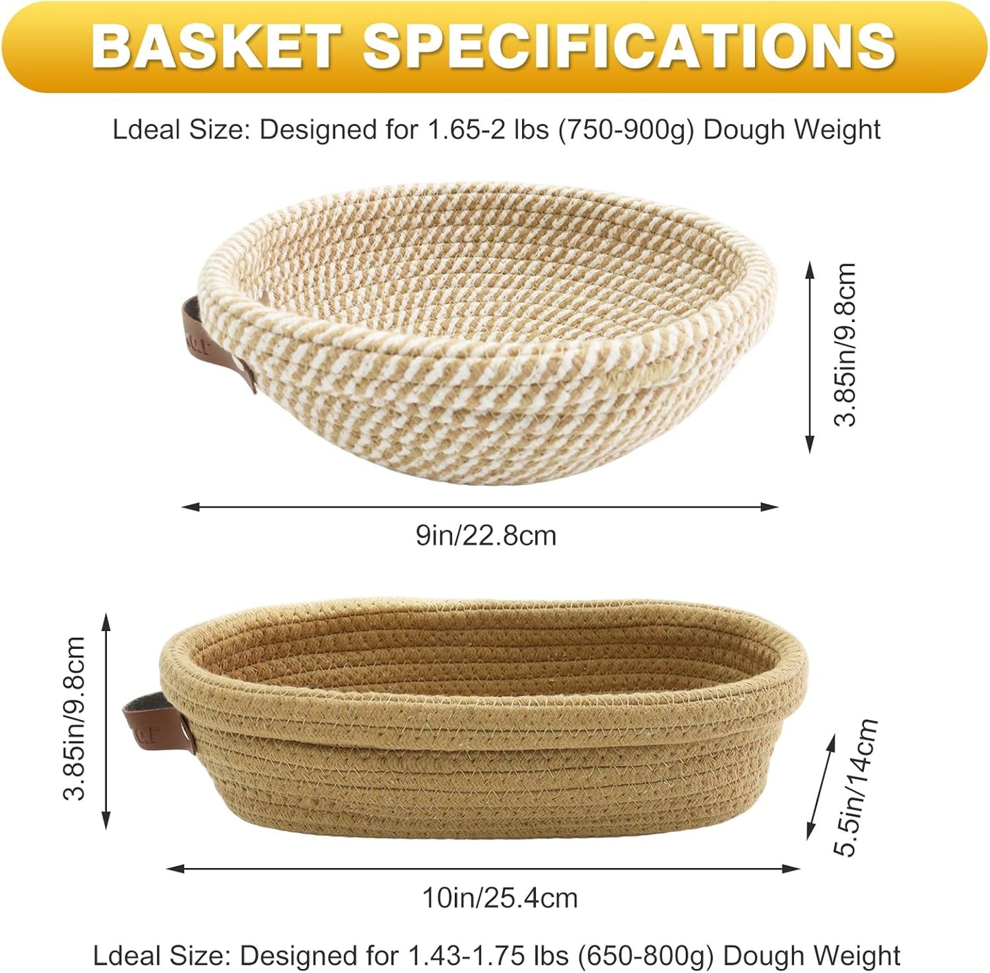 Nikkar Banneton Bread Proofing Basket Set - Round & Oval Cotton Rope Bowls, 9-11 Inches for Sourdough Baking