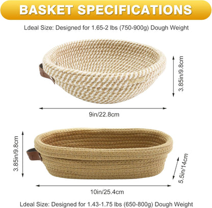 Nikkar Banneton Bread Proofing Basket Set - Round & Oval Cotton Rope Bowls, 9-11 Inches for Sourdough Baking