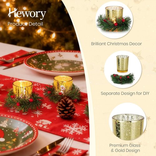 Hewory Tealight Candle Holders - Set of 6 Decorative Gold Holders with Xmas Wreath | Perfect for Holiday Centerpieces